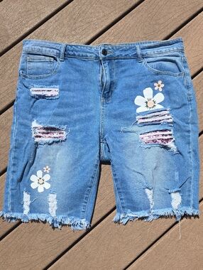 Blue Floral Distressed Denim Shorts - Women